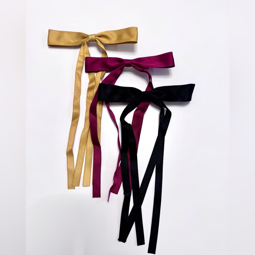 Set of 3 Satin Ribbon Bow Hair Barrette Clips - Black, Burgundy, Gold
